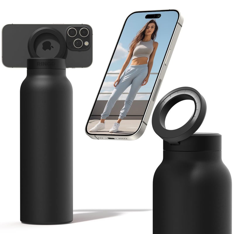 Ringo Ringo Insulated Water Bottle - MagSafe Compatible Water Bottle With Magnetic Phone Holder - Stainless Steel Water Bottle With Tripod Phone Mount - Hot 12H  Cold 24H  360 Rotate - Black 32oz - Image 1