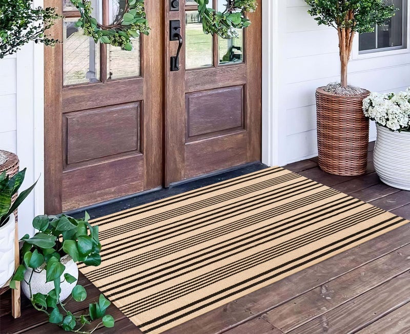 BUAGETUP Black and Tan Outdoor Rug 2'x4',Striped Front Porch Rug Machine Washable Front Door Mat Entryway Throw Rug for Front Porch Indoor Outdoor Doormat - Image 1