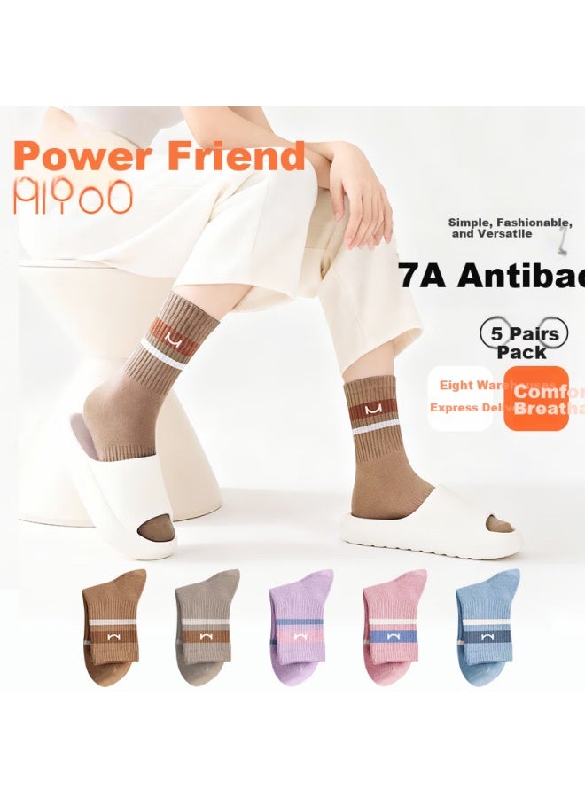Miyou Women's Socks, Mid-calf Length For Spring And Summer, Casual Style, 7a Antibacterial, Sweat-absorbing, Versatile, 5 Pairs Per Pack - Image 1