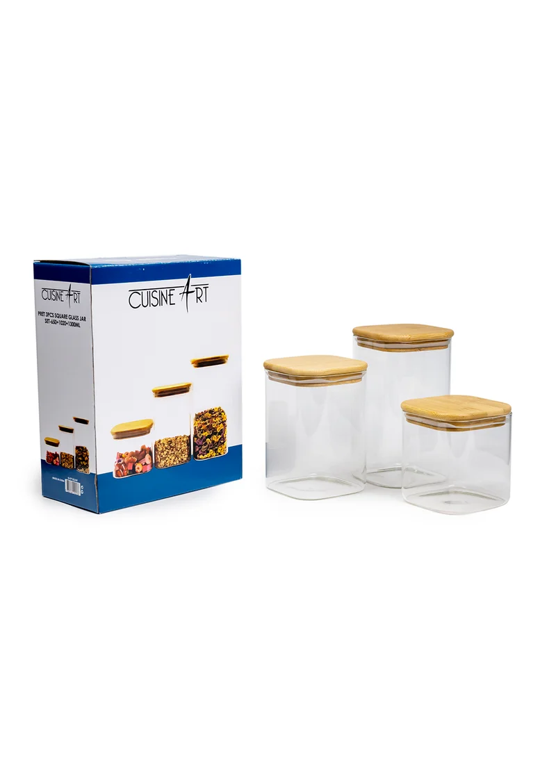 Cuisine Art Square Glass Storage Jars with Bamboo Wood Lids -Set of 3 Transparent Borosilicate Airtight Glass Container, for Storing Kitchen Food, Grains, Coffee Beans, Tea 650+1020+1300ML