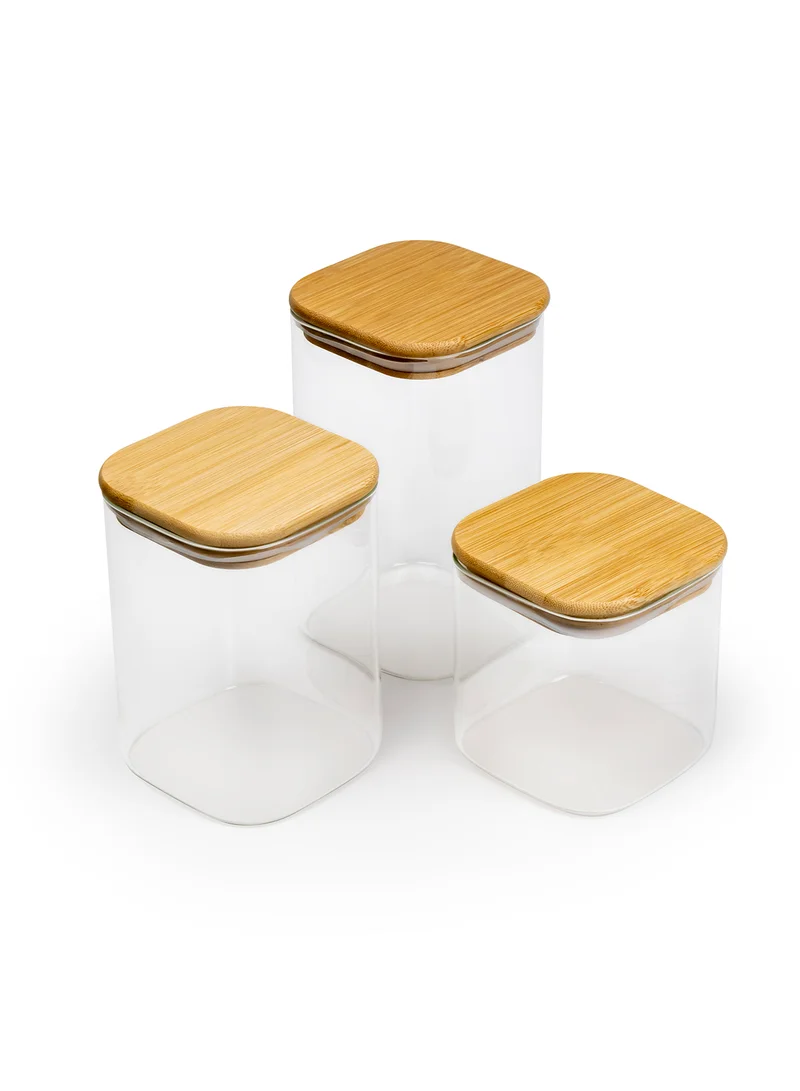 Cuisine Art Square Glass Storage Jars with Bamboo Wood Lids -Set of 3 Transparent Borosilicate Airtight Glass Container, for Storing Kitchen Food, Grains, Coffee Beans, Tea 650+1020+1300ML