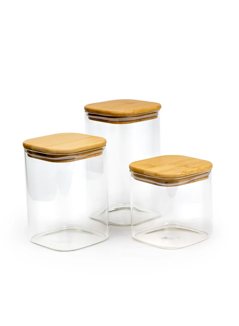 Cuisine Art Square Glass Storage Jars with Bamboo Wood Lids -Set of 3 Transparent Borosilicate Airtight Glass Container, for Storing Kitchen Food, Grains, Coffee Beans, Tea 650+1020+1300ML