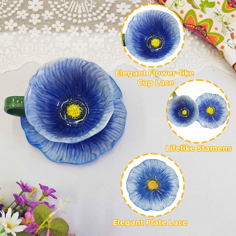 JUSONEY 10 oz Tea Cups and Saucers, Ceramic Flower-shaped Cappuccino Cup, Latte Cup and Saucer set, elegant floral Espresso Cup set, cups are microwave and dishwasher safe-Blue - Image 3