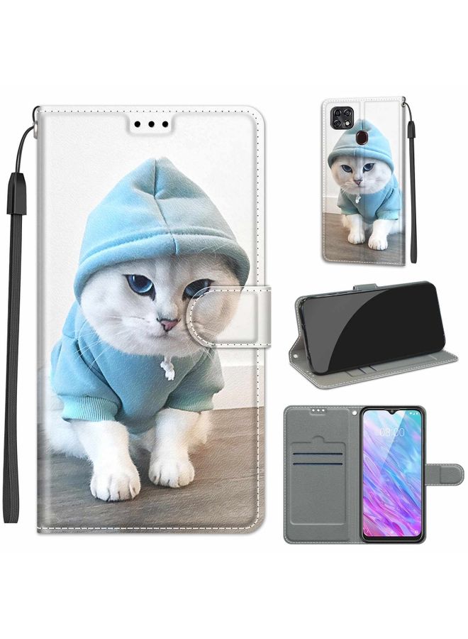 HuHa Case Cover For ZTE Blade 20 Smart Voltage Coloured Drawing Magnetic Clasp Horizontal Flip PU Leather Case with Holder & Card Slots(C15 Blue Sweater White Cat)