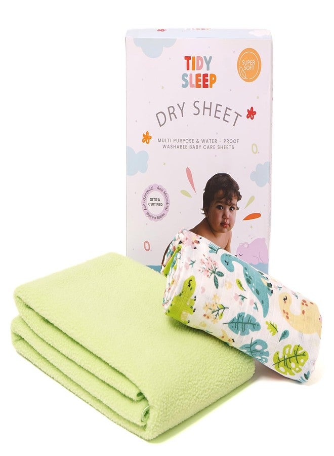 TIDY SLEEP Waterproof Baby Dry Sheet with Muslin Swaddle for New Born Green Large (Dino) - Image 1