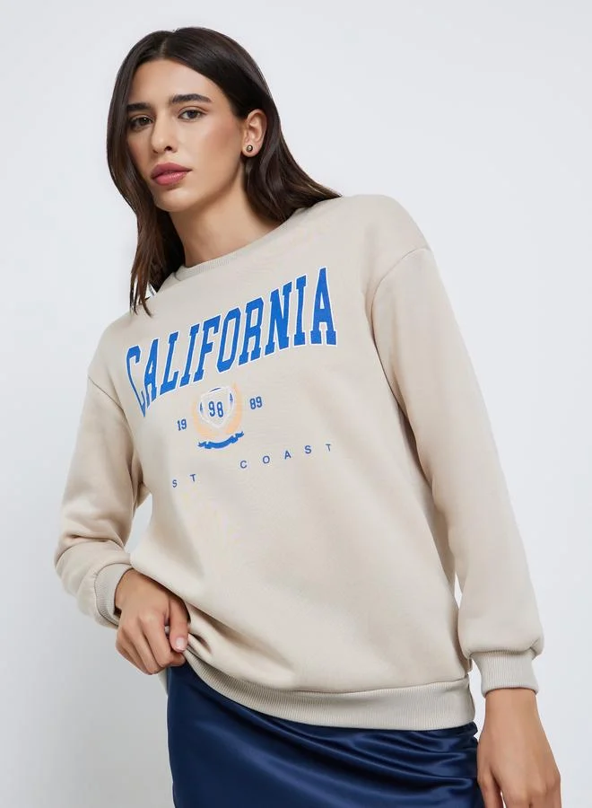 Take Two Beige California Print Relaxed Fit Sweatshirt