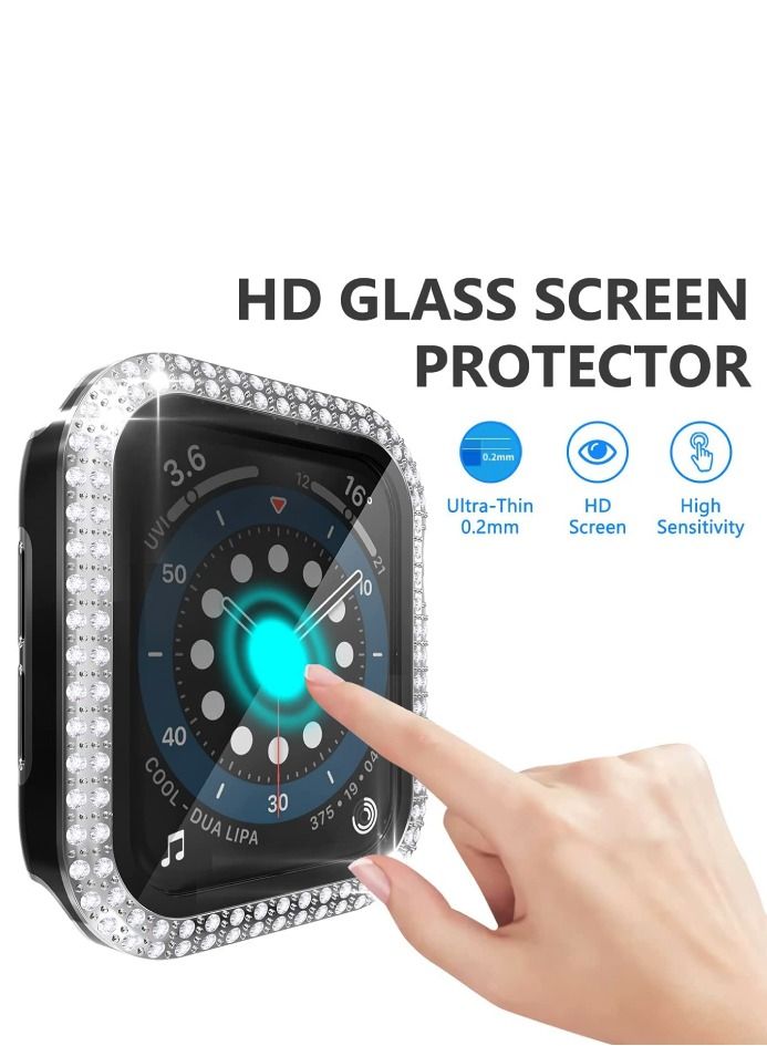 CAVIAR Smartwatch Luxury Anti Shock Screen Protector Cover Case Sensitive Touch Tempered Glass Screen Protector Two Tone Color Double Row Glitter Crystal Diamonds Apple Watch Series 8 7 45mm Black / Silver - Image 4