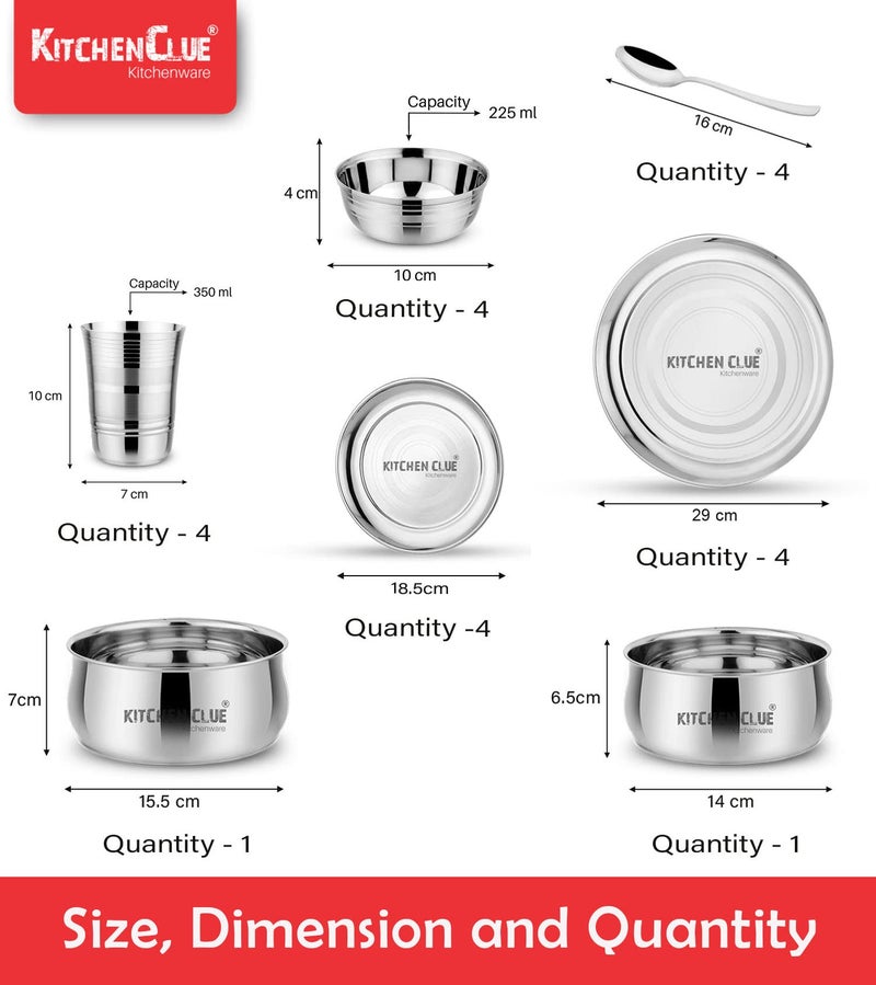 KITCHEN CLUE Stainless Steel Dinner Set of 22 pcs (Heavy Guage) - Silver Touch Design Kitchen Set for Home - Premium Grade Quality Dinner Plates, Serving Bowls, Glasses Set - 100% Food Safe Steel - Image 4