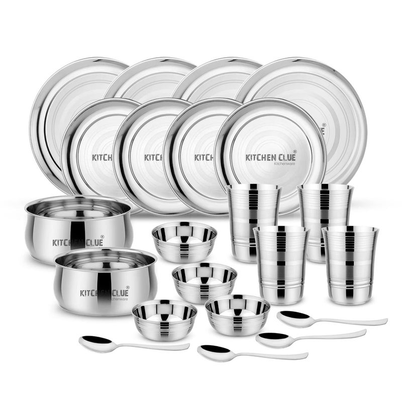 KITCHEN CLUE Stainless Steel Dinner Set of 22 pcs (Heavy Guage) - Silver Touch Design Kitchen Set for Home - Premium Grade Quality Dinner Plates, Serving Bowls, Glasses Set - 100% Food Safe Steel - Image 1