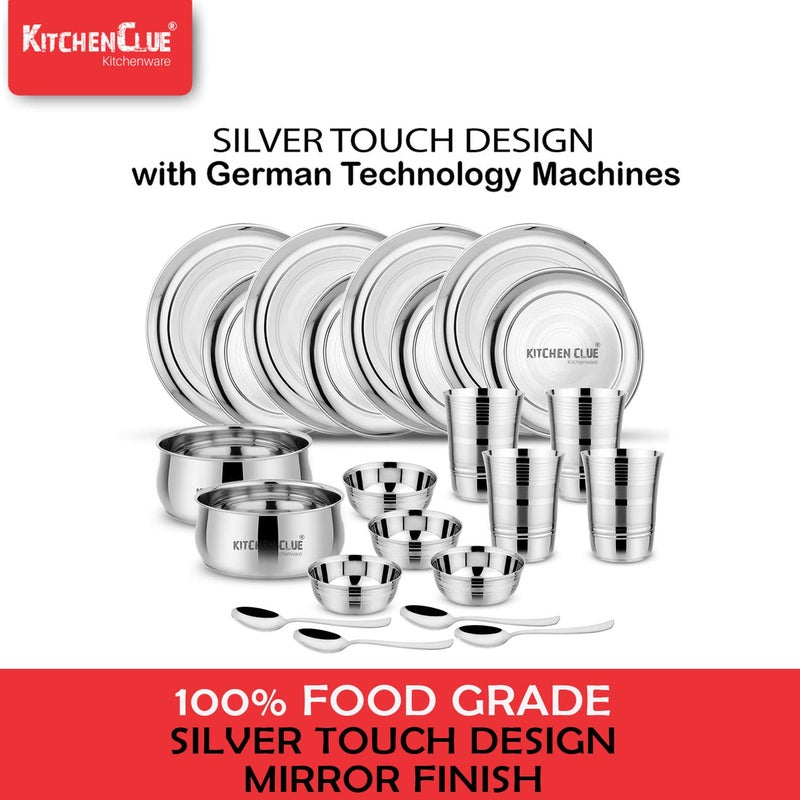 KITCHEN CLUE Stainless Steel Dinner Set of 22 pcs (Heavy Guage) - Silver Touch Design Kitchen Set for Home - Premium Grade Quality Dinner Plates, Serving Bowls, Glasses Set - 100% Food Safe Steel - Image 5