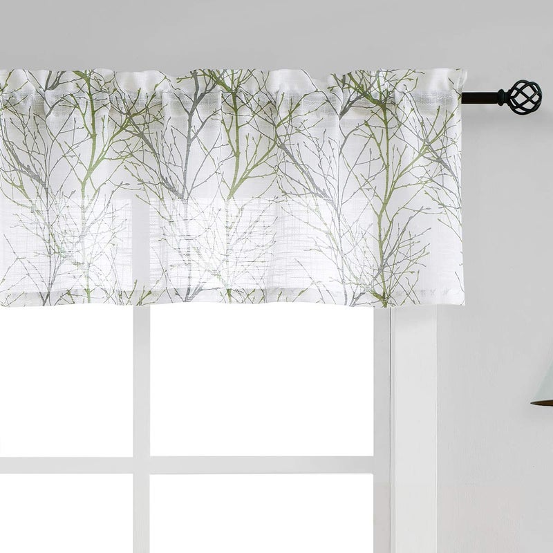 FMFUNCTEX White Valance Curtains for Windows Print Tree Branch Semi Sheer Valance Grey Green Rod Pocket Window Treatment 1 Panel 50 x 15 Inches