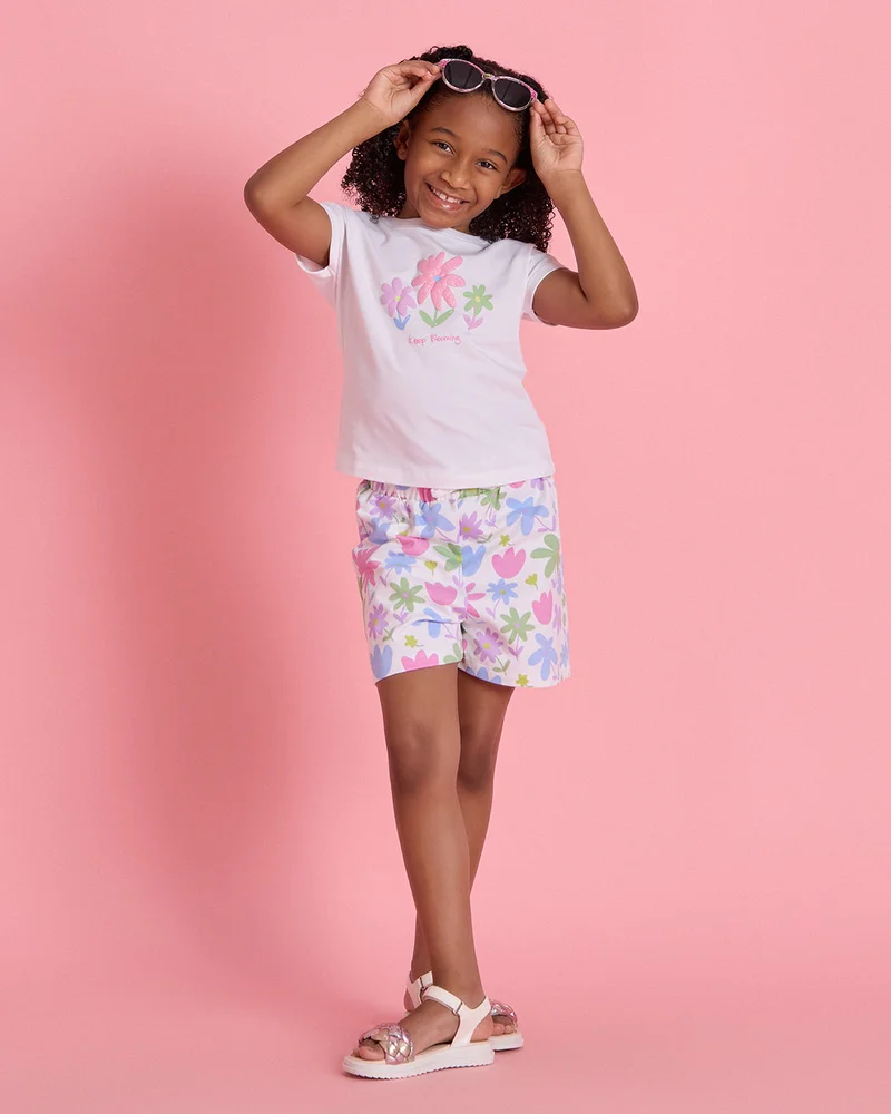Redtag Girls White Printed T-Shirt & Floral Shorts Set