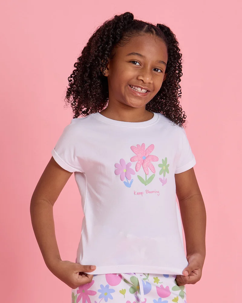 Redtag Girls White Printed T-Shirt & Floral Shorts Set