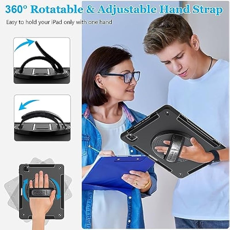 Case for iPad Pro 12.9 2022 2021 2020: Military Grade TPU Protective Cover for iPad 12.9 Inch 6th Gen/ 5th Gen/4th Gen W/Pencil Holder - Stand - Handle - Shoulder Strap- Black - Image 4