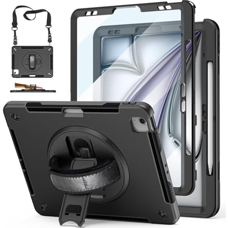 Case for iPad Pro 12.9 2022 2021 2020: Military Grade TPU Protective Cover for iPad 12.9 Inch 6th Gen/ 5th Gen/4th Gen W/Pencil Holder - Stand - Handle - Shoulder Strap- Black - Image 1