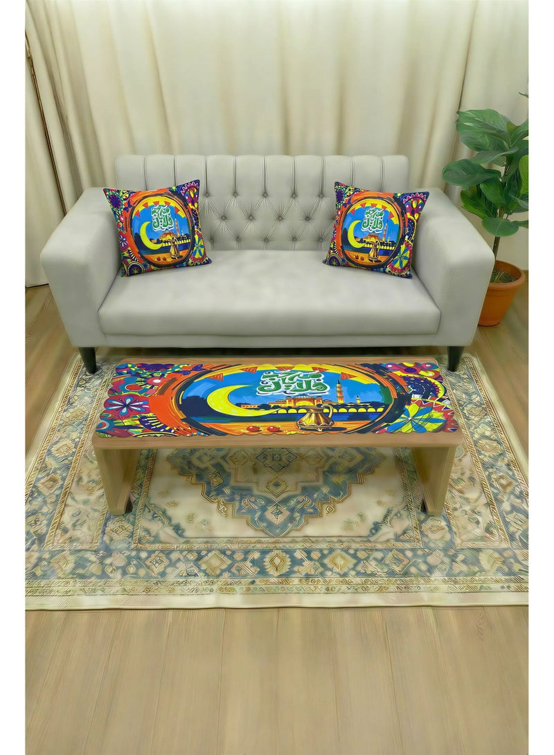Ramadan Kareem Home Decoration Set – Table Runner (140x43 cm) and Cushion Cover (43x43 cm) – Festive Islamic Design with Mosque and Crescent for Living Room and Dining Table - Image 1