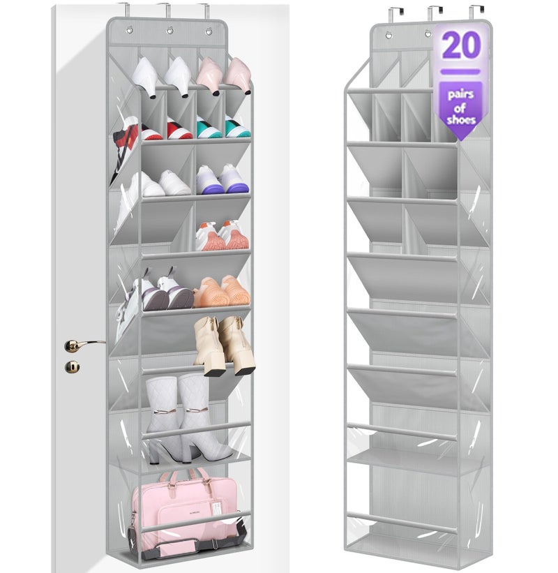 MISSLO Clear Over the Door Shoe Organizer Large Deep Pockets Hanging Shoe Rack for Closet Fit 20 Pairs Shoe Holder for Sneakers Boots StorageGrey