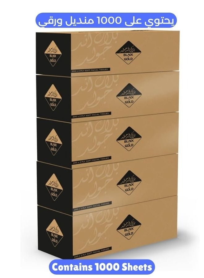 NICE Touch 2 Ply Facial Tissue 1000 Sheets, 5 Packs of 200 Sheets - Black & Gold Boxes Contains 1000 Premium 2 Ply Tissues - Image 1