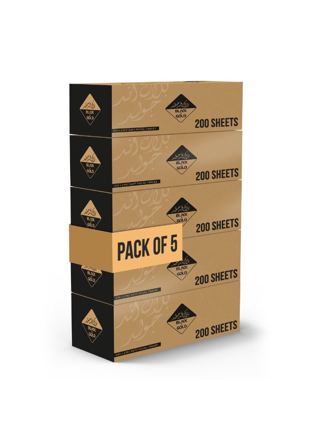Nice Touch Facial Tissue Boxes, 2 Ply x 5 Black & Gold Pack of 200 Sheets each, Soft Feel Tissue Suitable for All Skin Types and Germ Protection - Image 1
