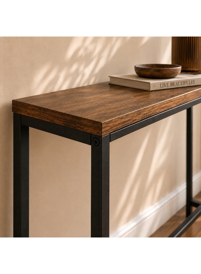 Modern Slim Console Table with Wood Top and Black Metal Frame - Image 1