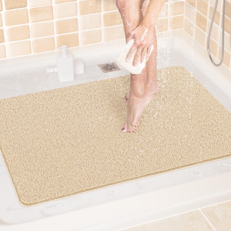 LuxStep Shower Mat Bathtub Mat24x32 inch NonSlip Bath Mat with Drain Quick Drying PVC Loofah Bathmat for TubShowerBathroom Phthalate FreeKhaki
