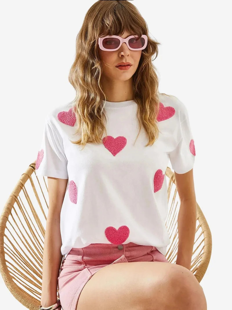 Bianco Lucci White LUCCI Heart Pattern Embroidered Crew Neck T-Shirt for Women | Best Price UAE