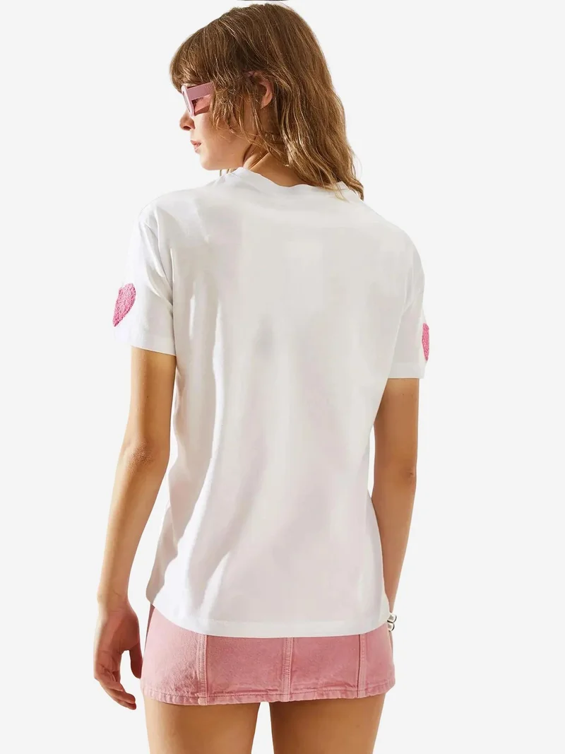 Bianco Lucci White LUCCI Heart Pattern Embroidered Crew Neck T-Shirt for Women | Best Price UAE