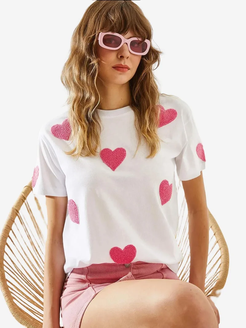 Bianco Lucci White LUCCI Heart Pattern Embroidered Crew Neck T-Shirt for Women | Best Price UAE