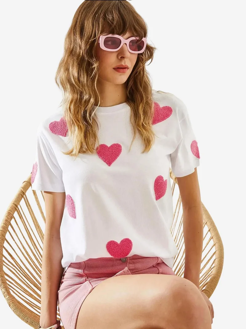 Bianco Lucci White LUCCI Heart Pattern Embroidered Crew Neck T-Shirt for Women | Best Price UAE