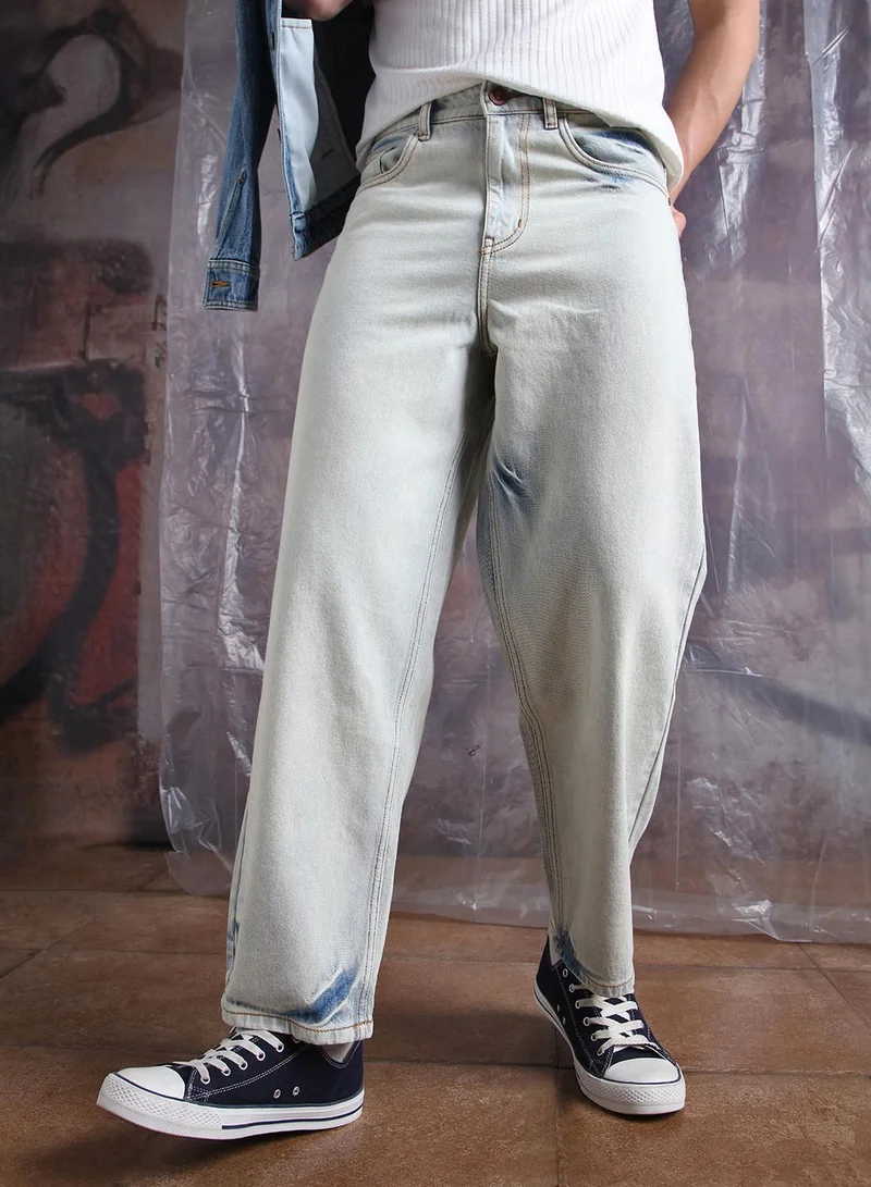 Hubberholme Men's Blue 100% Cotton Washed Regular Length Baggy Jeans