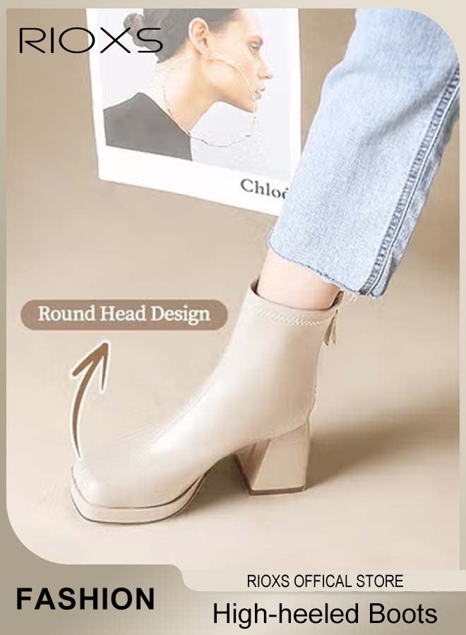 RIOXS Women's Square Toe High-heeled Ankle Boots, Stylish 8cm Chunky Block Heel Booties with Back Zipper, Ligtweight Anti-slip Square Toe Leather Ankle Boots for Ladies, Comfortable Boots Dress Shoes Classic Pump Shoes for Daily Life, Work, Parties, Dates, Weddings, Cocktails and More, Beige - Image 5