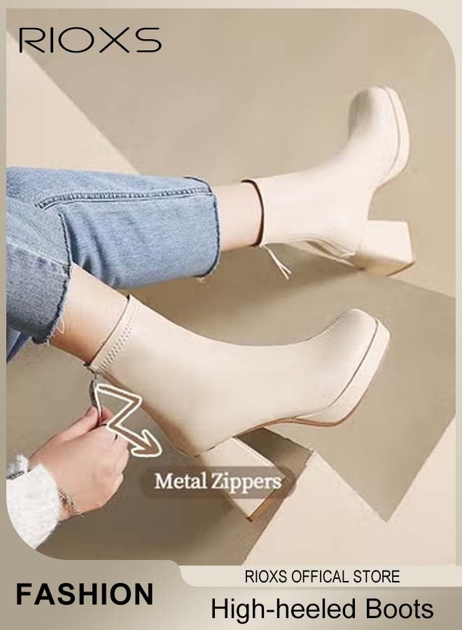 RIOXS Women's Square Toe High-heeled Ankle Boots, Stylish 8cm Chunky Block Heel Booties with Back Zipper, Ligtweight Anti-slip Square Toe Leather Ankle Boots for Ladies, Comfortable Boots Dress Shoes Classic Pump Shoes for Daily Life, Work, Parties, Dates, Weddings, Cocktails and More, Beige - Image 4