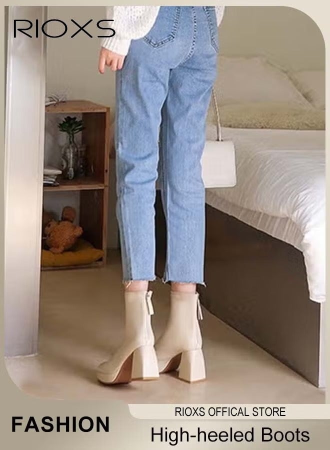 RIOXS Women's Square Toe High-heeled Ankle Boots, Stylish 8cm Chunky Block Heel Booties with Back Zipper, Ligtweight Anti-slip Square Toe Leather Ankle Boots for Ladies, Comfortable Boots Dress Shoes Classic Pump Shoes for Daily Life, Work, Parties, Dates, Weddings, Cocktails and More, Beige - Image 2