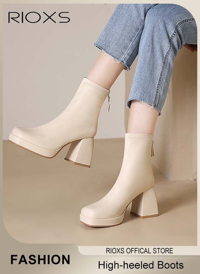 RIOXS Women's Square Toe High-heeled Ankle Boots, Stylish 8cm Chunky Block Heel Booties with Back Zipper, Ligtweight Anti-slip Square Toe Leather Ankle Boots for Ladies, Comfortable Boots Dress Shoes Classic Pump Shoes for Daily Life, Work, Parties, Dates, Weddings, Cocktails and More, Beige - Image 1