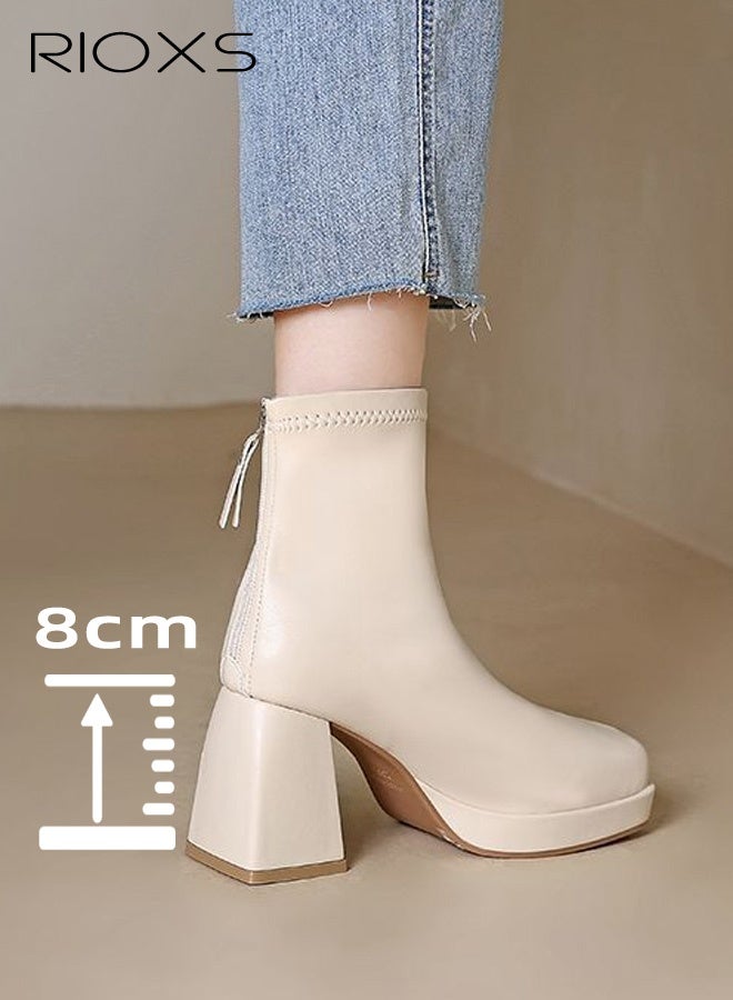 RIOXS Women's Square Toe High-heeled Ankle Boots, Stylish 8cm Chunky Block Heel Booties with Back Zipper, Ligtweight Anti-slip Square Toe Leather Ankle Boots for Ladies, Comfortable Boots Dress Shoes Classic Pump Shoes for Daily Life, Work, Parties, Dates, Weddings, Cocktails and More, Beige - Image 5