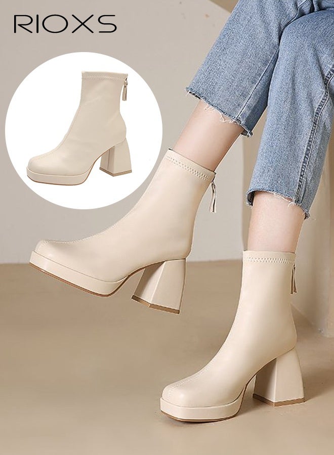 RIOXS Women's Square Toe High-heeled Ankle Boots, Stylish 8cm Chunky Block Heel Booties with Back Zipper, Ligtweight Anti-slip Square Toe Leather Ankle Boots for Ladies, Comfortable Boots Dress Shoes Classic Pump Shoes for Daily Life, Work, Parties, Dates, Weddings, Cocktails and More, Beige - Image 1