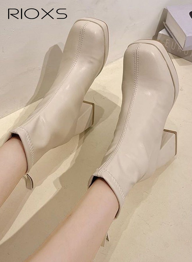 RIOXS Women's Square Toe High-heeled Ankle Boots, Stylish 8cm Chunky Block Heel Booties with Back Zipper, Ligtweight Anti-slip Square Toe Leather Ankle Boots for Ladies, Comfortable Boots Dress Shoes Classic Pump Shoes for Daily Life, Work, Parties, Dates, Weddings, Cocktails and More, Beige - Image 3