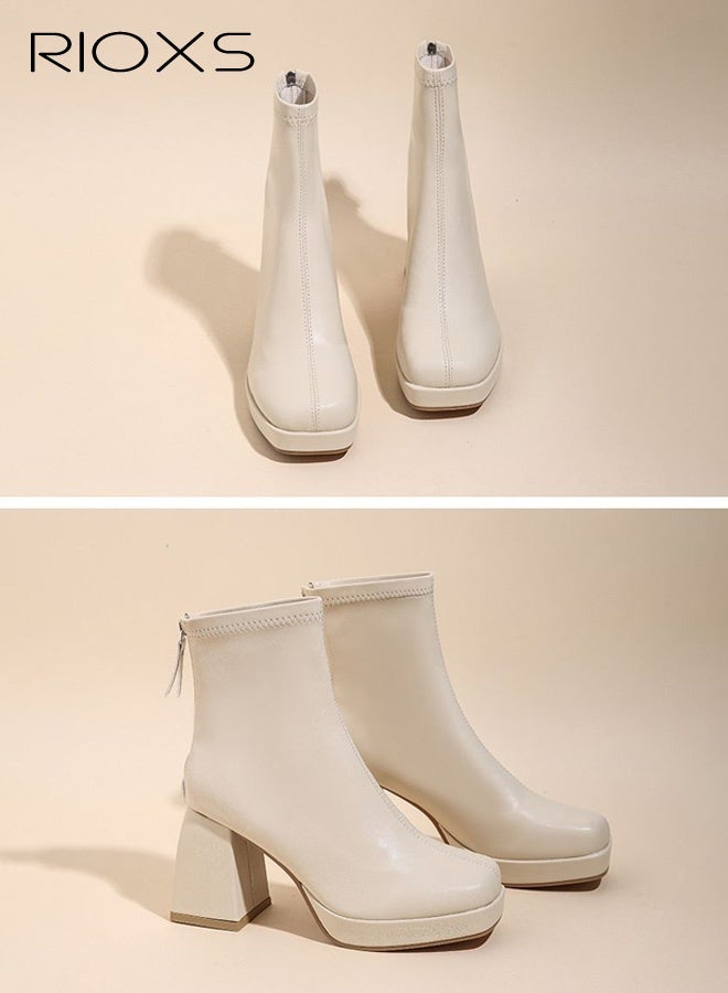 RIOXS Women's Square Toe High-heeled Ankle Boots, Stylish 8cm Chunky Block Heel Booties with Back Zipper, Ligtweight Anti-slip Square Toe Leather Ankle Boots for Ladies, Comfortable Boots Dress Shoes Classic Pump Shoes for Daily Life, Work, Parties, Dates, Weddings, Cocktails and More, Beige - Image 4