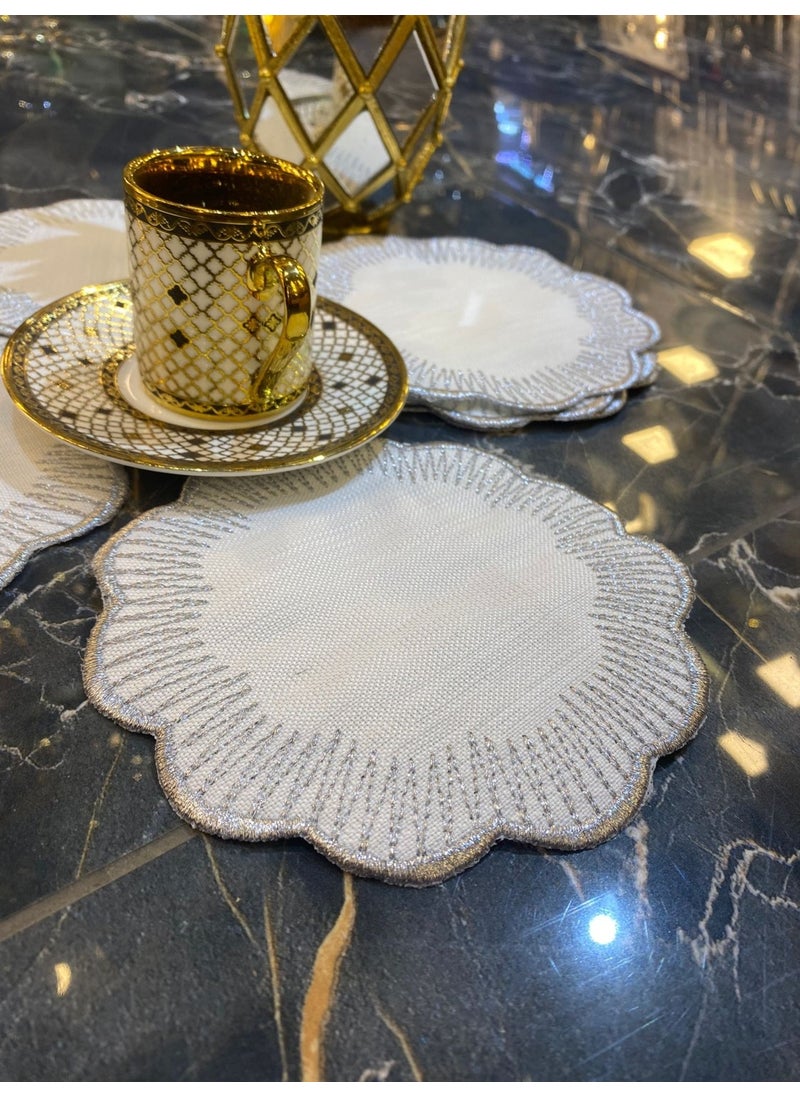 Bonny Home Shems Silver 6-Piece Cocktail Coffee Presentation Napkin Maraş Work Silver Embroidery Gardenia Presentation Napkin  - Image 1