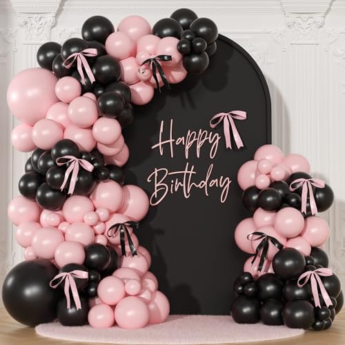 NUTTYBASH Pink Black Balloon Garland Arch Kit 141Pcs Pink and Black Balloons Different Sizes 18 10 5 Inch and Bows for Coquette Birthday Wedding Baby Shower Bridal Shower Party Decorations - Image 1