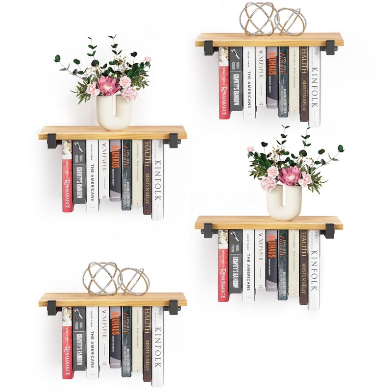 NANATI 4 Set of Floating Bookshelf, Pine Wood Invisible Bookshelf, Hanging Bookshelves for Wall, Unique Space Saving Wall Bookcase (16.5LÃ—8.7WÃ—1.5H)