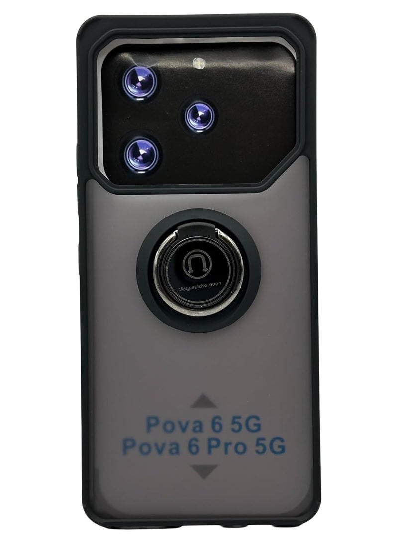 Tecno Pova 6 Case/Tecno Pova 6 Pro Case Cover Camera Protection Thin Translucent Shockproof Matte Back Cover with 360 rotational Magnetic Ring Holder Case For Tecno Pova 6/Pova 6 Pro 5G Case Black - Image 1