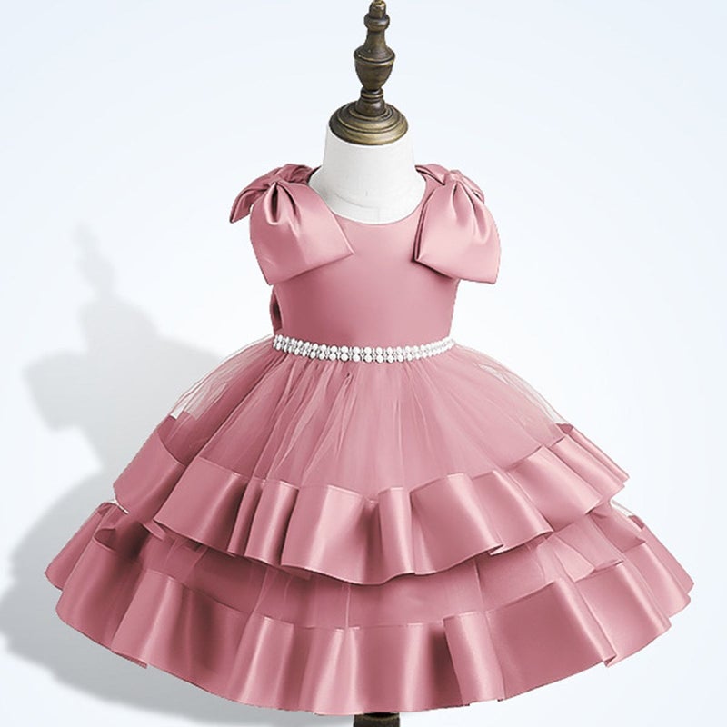 Girls New Solid Color Big Bow Mesh Puff Dinner Performance Dress Girls Birthday Party dress Bean paste powder