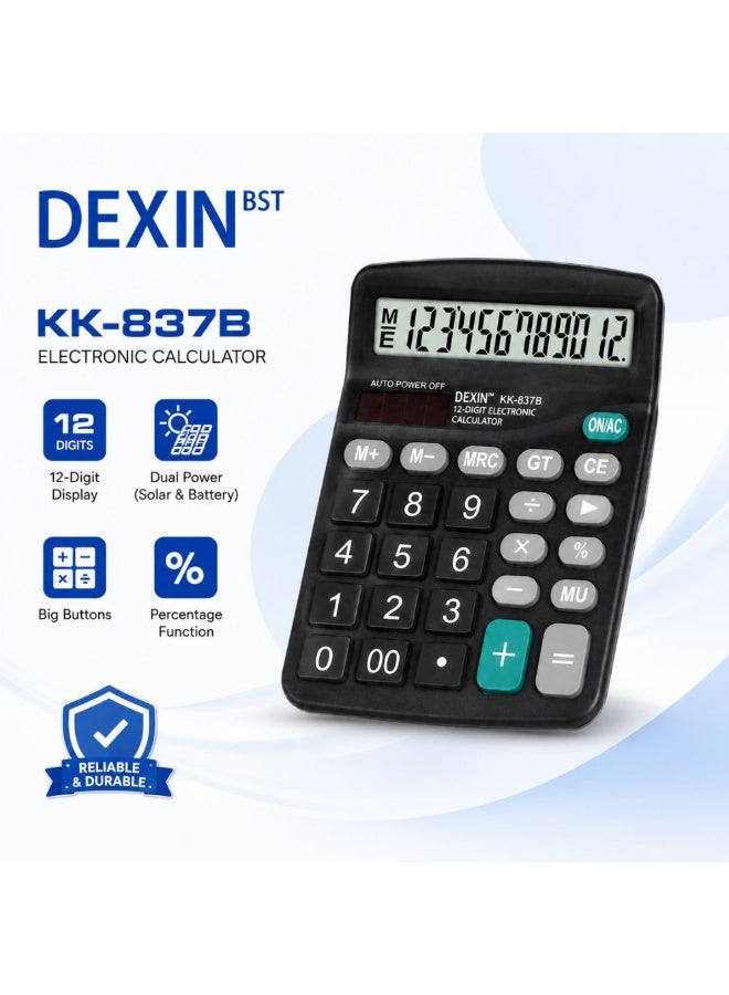 DEXIN KK-837B 12-Digit Electronic Calculator, Dual Power Solar & Battery Calculator, Large Display Desktop Calculator, Big Button Office Calculator with Percentage Function, GT & MU Keys, Portable Business Calculator for Home, School, Office and Accounting Use - Image 1