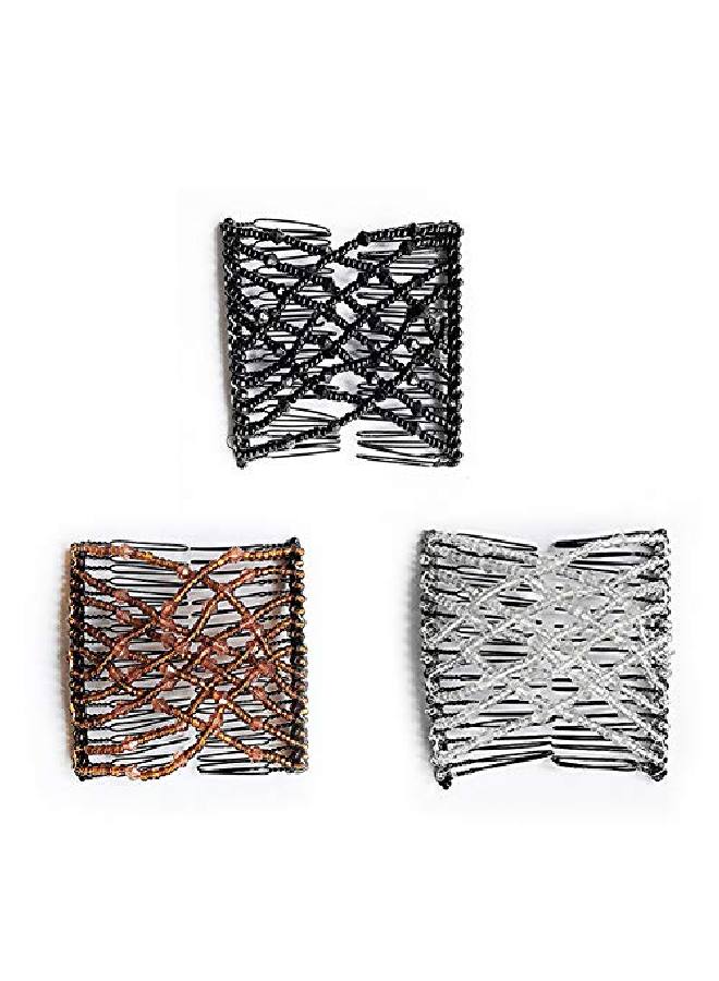 lasenersm 3 Pieces Magic Beaded Double Stretching Combs Beads Hair Combs Magic Elastic Hair Clips Elastic Beads Hair Clips Stretchy Hair Hairpins Double Slides Hair Combs(Black White Coffee) - Image 1