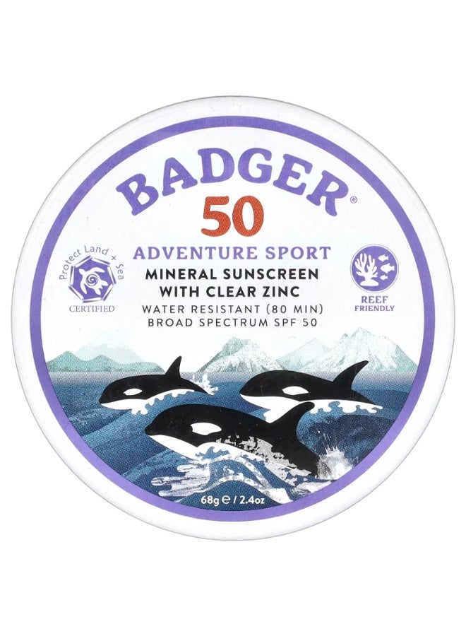 Badger, Adventure Sport, Mineral Sunscreen with Clear Zinc, SPF 50, Unscented, 2.4 oz (68 g) - Image 1