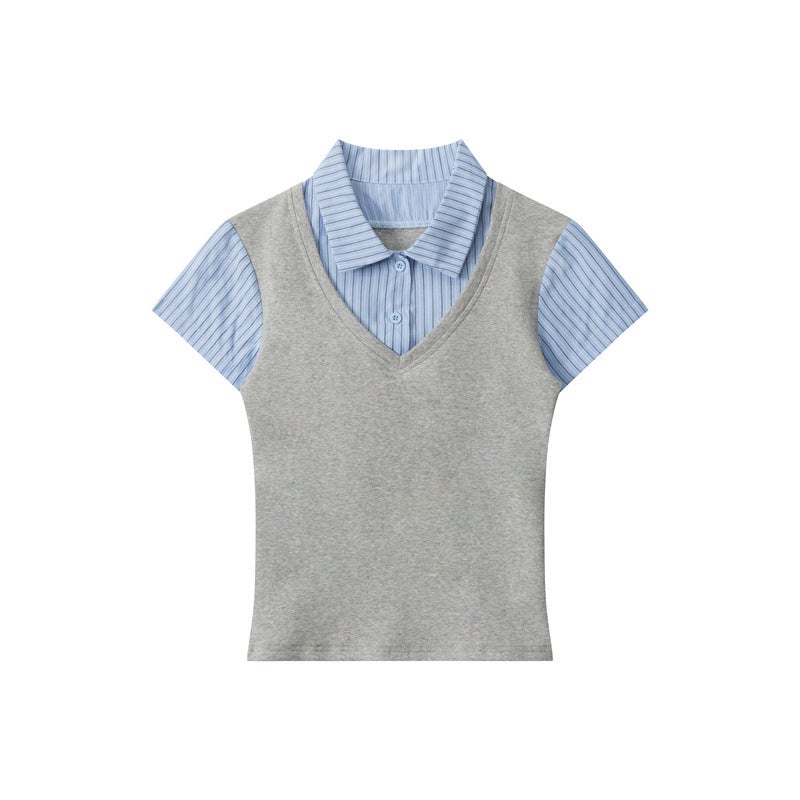 Heyhenry American Korean Style Academy Style Vertical Stripe Stitching Fake Two-Piece Short-Sleeved Girl Top - Image 1