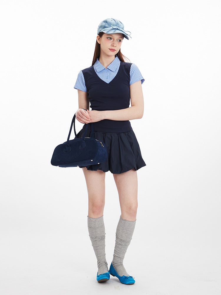 Heyhenry American Korean Style Academy Style Vertical Stripe Stitching Fake Two-Piece Short-Sleeved Girl Top - Image 5