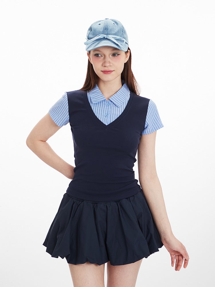Heyhenry American Korean Style Academy Style Vertical Stripe Stitching Fake Two-Piece Short-Sleeved Girl Top - Image 3