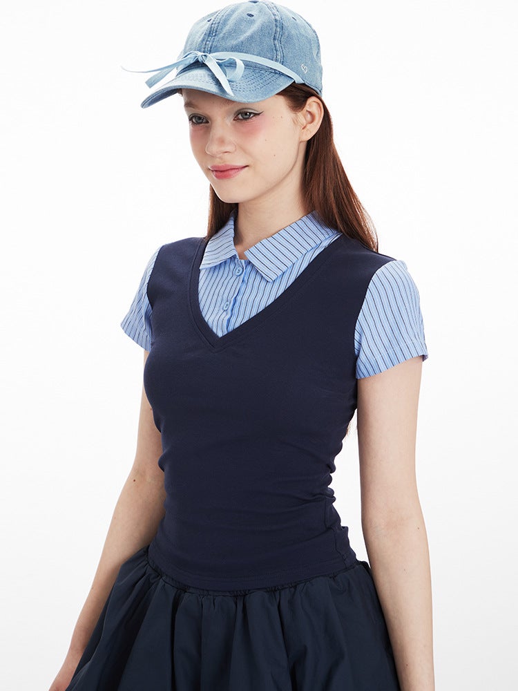 Heyhenry American Korean Style Academy Style Vertical Stripe Stitching Fake Two-Piece Short-Sleeved Girl Top - Image 4